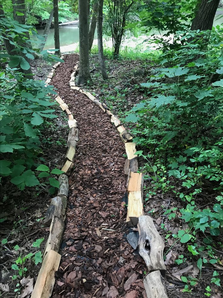 a path made out of logs in the woods