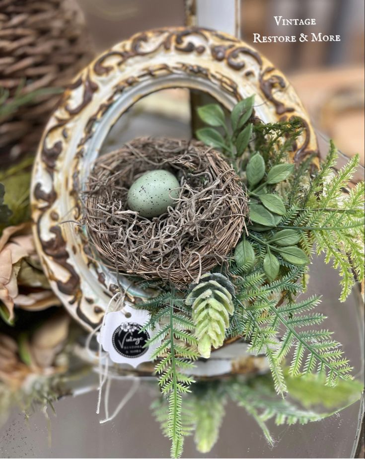 a bird's nest with two eggs in it and some plants on the table