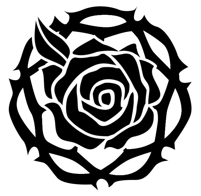 a black and white drawing of a rose in the middle of a circular design with leaves