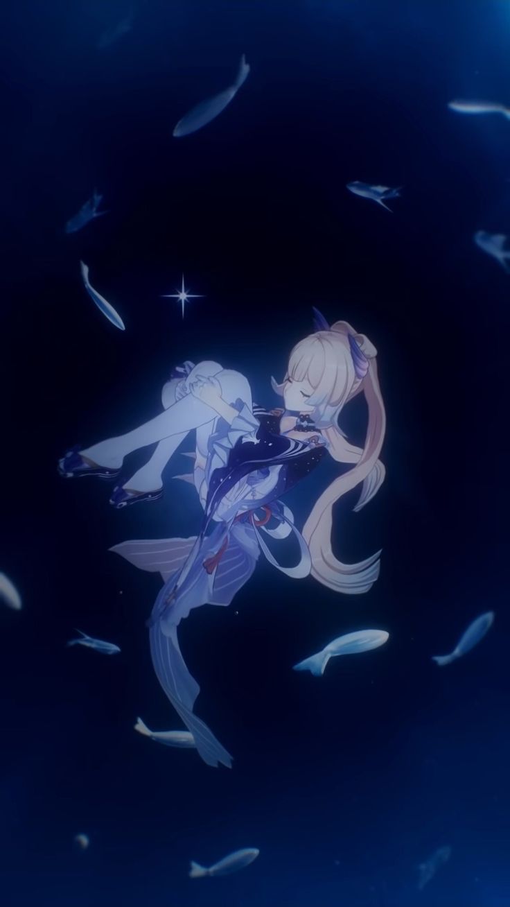 two anime characters are in the water with fish around their backs and one is holding her arm out