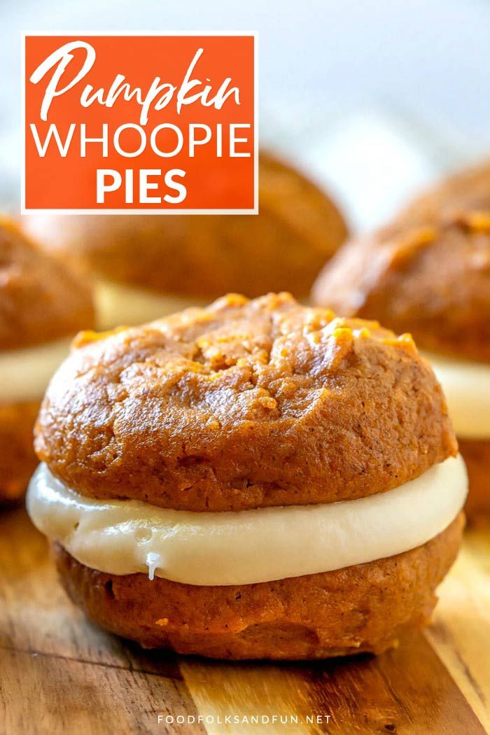 pumpkin whoopie pies on a cutting board with the words pumpkin whoopie pies