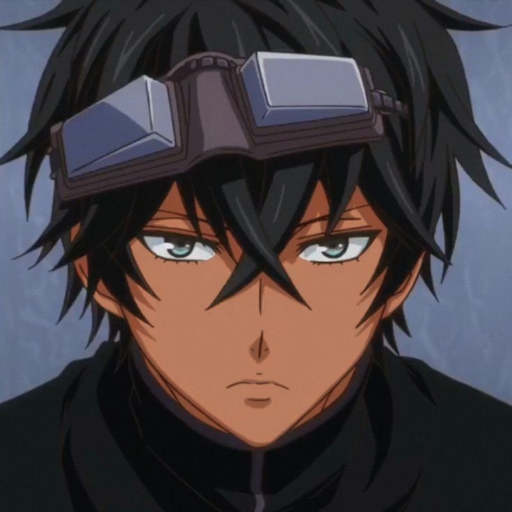 an anime character with black hair and goggles on his head, staring at the camera