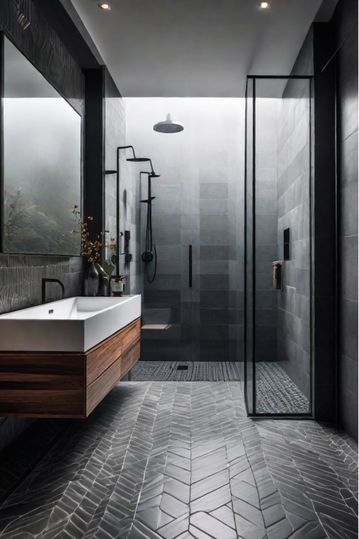 Modern bathroom featuring geometric tile patterns on walls and floor Geometric Tile Pattern, Modern Bathroom Remodel, Geometric Tiles, Bathroom Layout, Bathroom Tiles, Livingroom Layout, Smart Storage, Shower Enclosure, Modern Bathroom Design