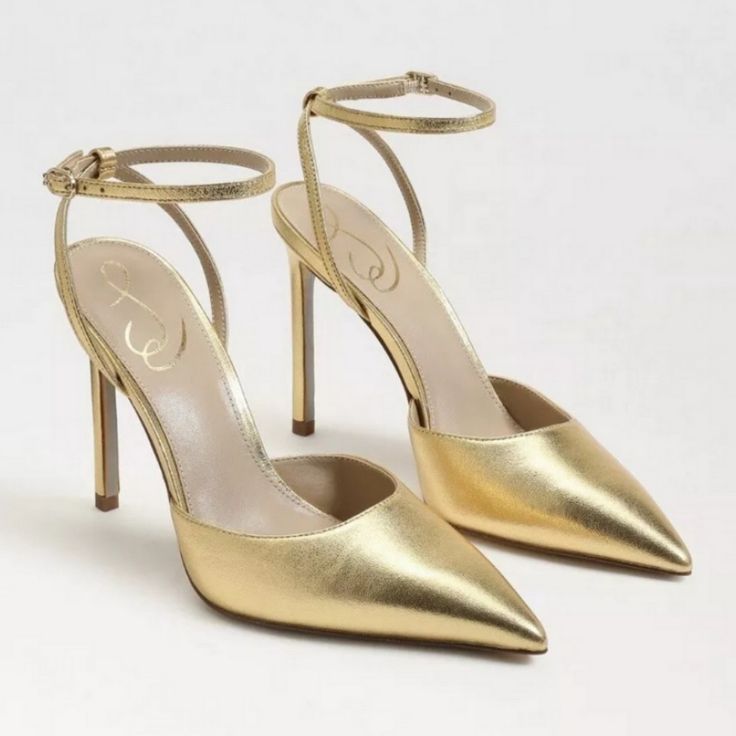 Sam Edelman Avril Ankle Strap Pointed Toe Gold High Heel Pumps 9.5 Brand New Pointed Toe Buckled Ankle Strap 4.25" Leather Wrapped Heel Leather Upper, Synthetic Lining, Rubber Sole (Shoes1) Gold Heels Wedding, Reception Shoes, Gold High Heels, Metallic Pumps, Strappy High Heels Sandals, Shoes Heels Classy, Ankle Strap Sandals Heels, Bridal Heels, Gold Pumps