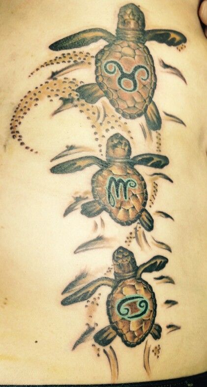 the back of a woman's stomach with two turtles and an omen symbol on it