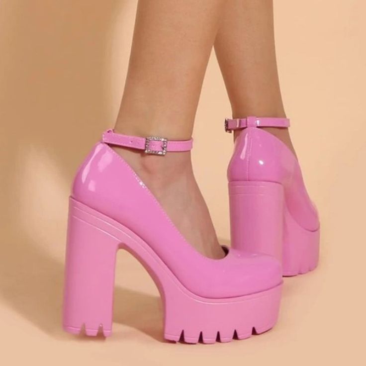 This chic ankle strap heel is a statement piece that's perfect for any outfit. Featuring a square-toed design with a super high platform, this pump will take you from day to night. Product Details: Pump Type: Ankle Strap Platform Height: 3-5cm Heel Type: Square heel Heel Height: 8cm Pink Chunky Heels, Punk Shoes, Pink Square, Pink Patent Leather, Ankle Strap High Heels, Platform Heels Chunky, Ankle Strap Pumps, Strap Pumps, Round Toe Heels