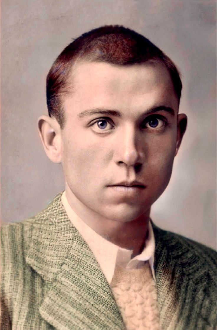 an old black and white photo of a young man in a sweater and tie, looking at the camera