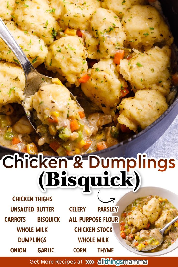 chicken and dumplings in a skillet with a spoon on the side that says, chicken and dumplings bisquick