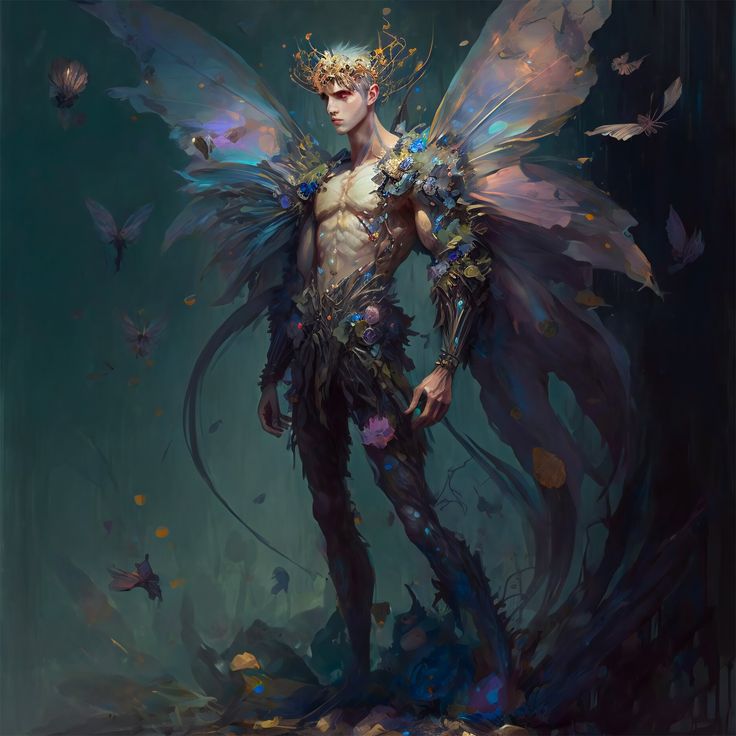 a man dressed as a fairy with wings and flowers on his body, standing in front of butterflies