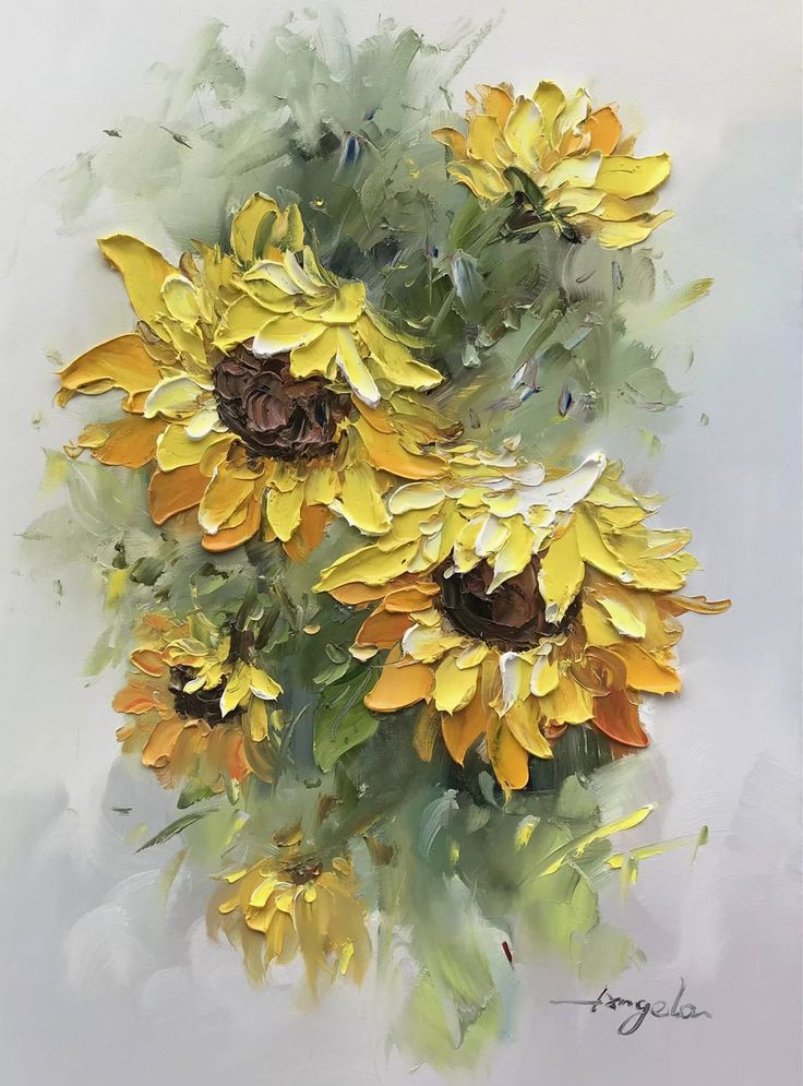 an oil painting of yellow flowers on a white background