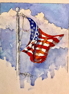 an american flag flying in the sky with clouds behind it, watercolor and ink on paper