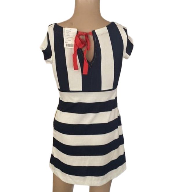 Blue And White Dress With Tie Red Ribbon At Neck Navy Casual Lined Dress, Casual Navy Lined Dress, Navy Casual Dress For Party, Blue And White Dress, Dress With Tie, Red Ribbon, Anthropologie Dresses, Dresses Xs, Anthropologie