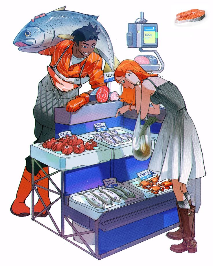 two people are looking at fish on display