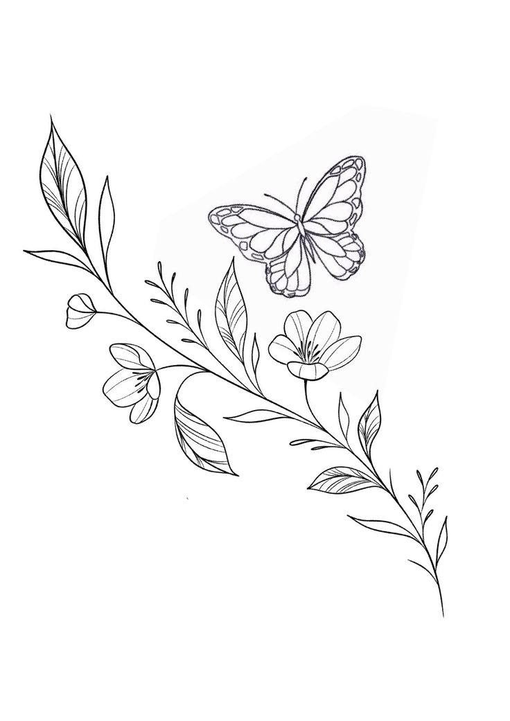 a black and white drawing of a butterfly on a branch with flowers in the foreground