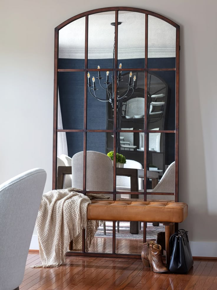 foyer with bench Foyer With Bench, Large Foyer Ideas, Small Entryway Storage, Foyer Mirror, Storage Design Ideas, Entrance Mirror, Foyer Bench, Arched Floor Mirror, Foyer Ideas Entryway