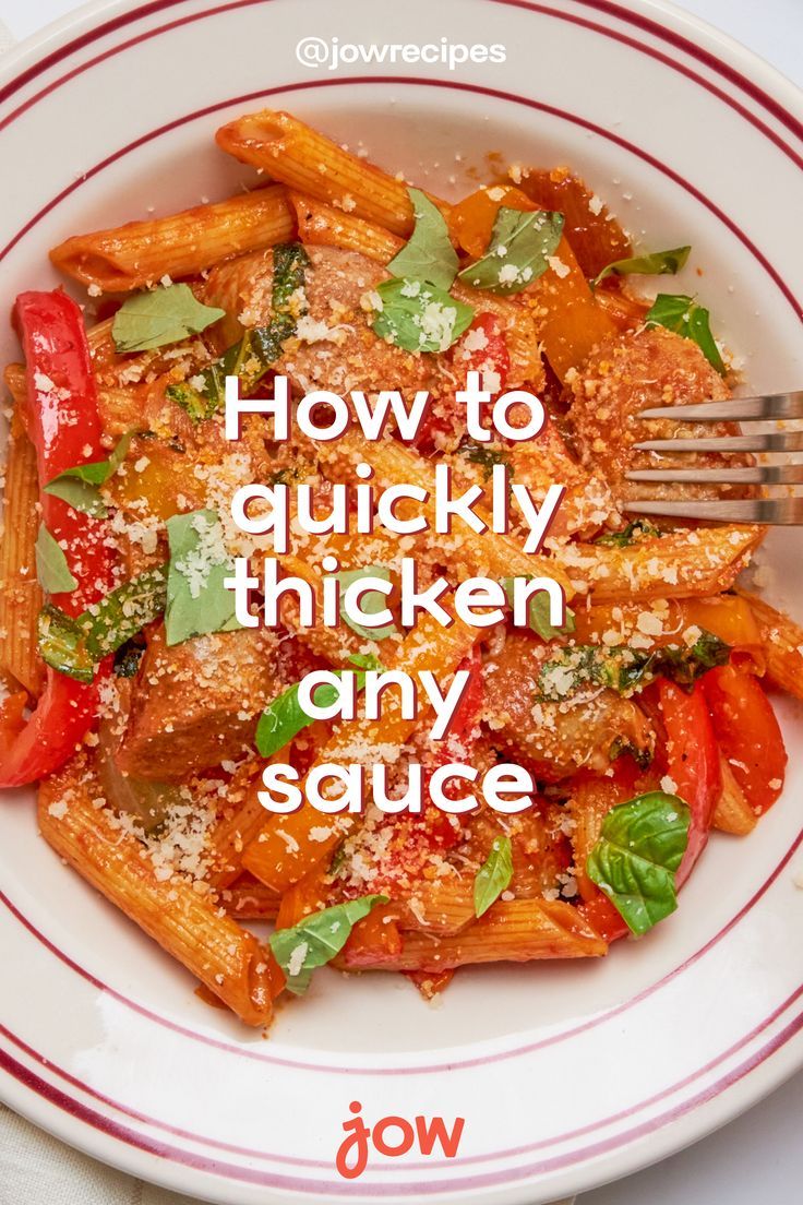 A fork going into a bowl of penne pasta with red bell peppers, basil, and parmesan cheese on top. Yum :) Thicken Sauce, How To Thicken Sauce, Soups, You Think, Take A, Sauce