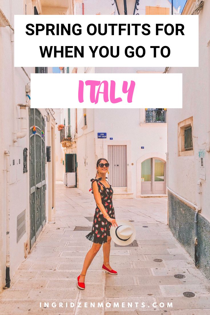 a woman standing in an alleyway with the words spring outfits for when you go to italy