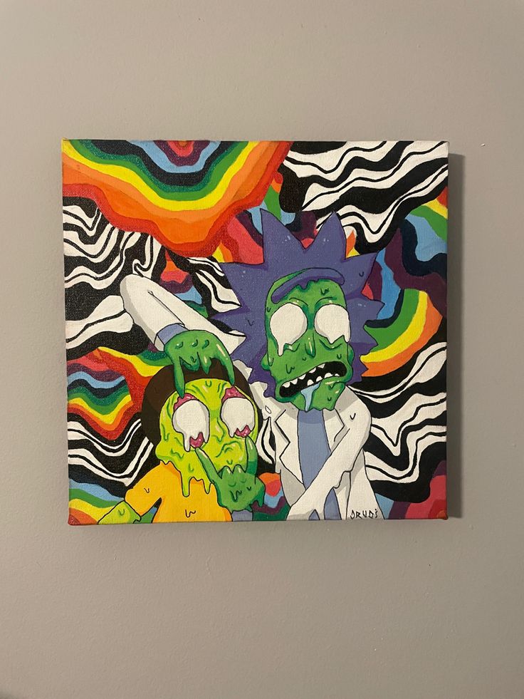 a painting on the wall of a room with two cartoon characters in front of it