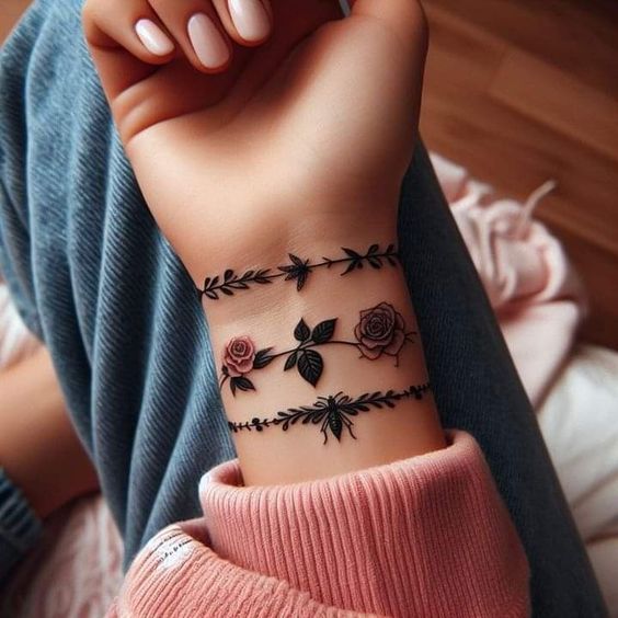 a woman's wrist tattoo with roses and leaves on her arm, in black ink