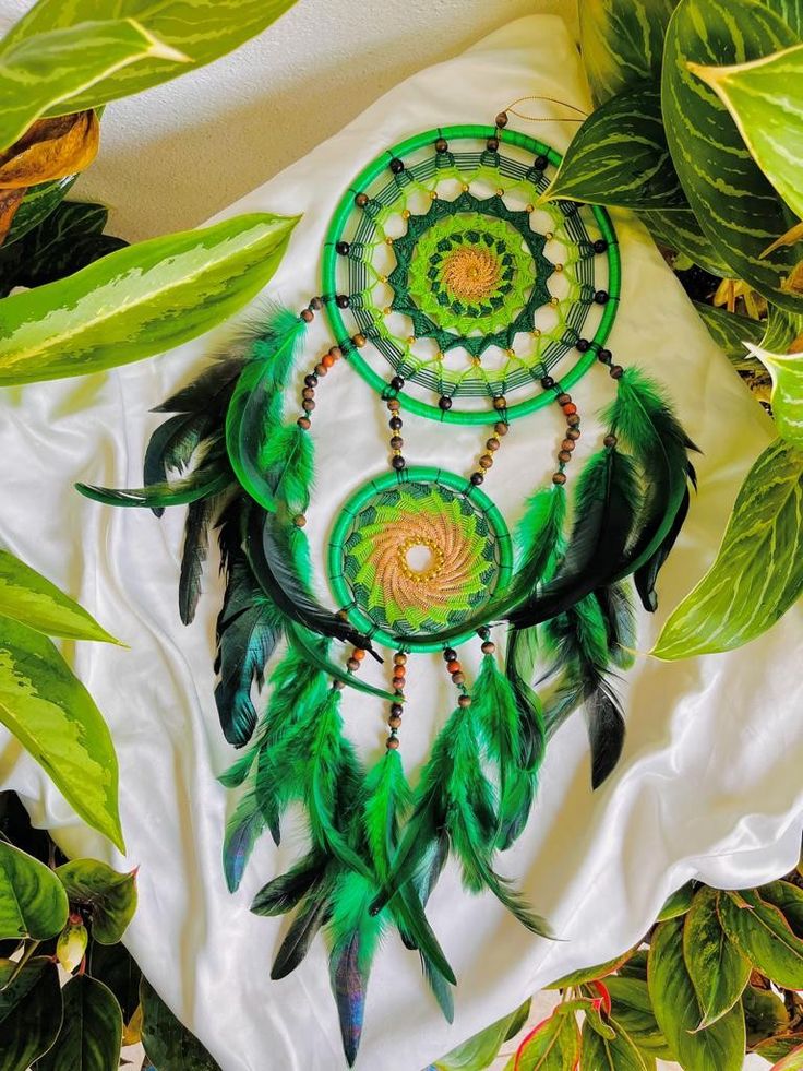 a green and white dream catcher surrounded by leaves