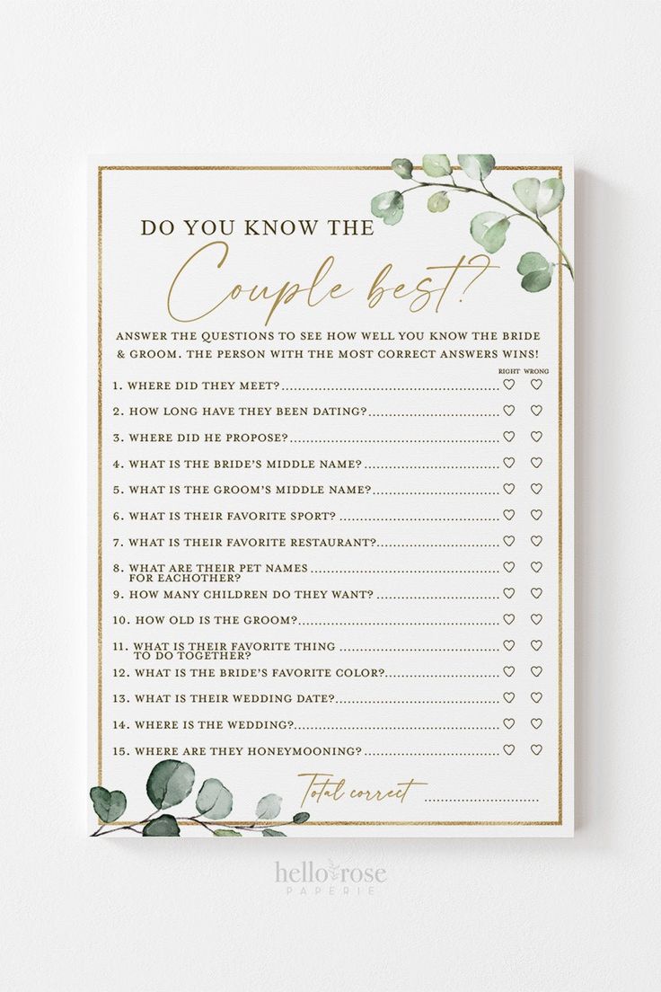 a green and gold wedding game with eucalyptus leaves on the side, which reads what did the groom say?