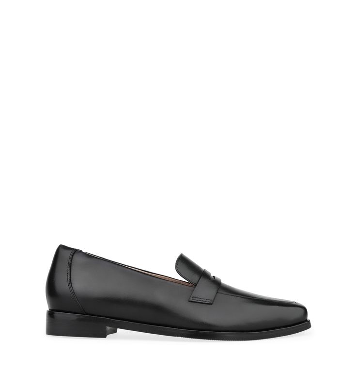 Piha Black Leather Loafers | Bared Footwear Formal Calf Leather Slip-ons For Spring, Classic Calf Leather Flats For Work, Chic Slip-on Loafers With Leather Lining, Classic Calf Leather Flats For Business, Chic Fall Calf Leather Loafers, Classic Pointed Toe Calf Leather Slip-ons, Classic Formal Flats With Removable Insole, Chic Formal Slip-ons With Rubber Sole, Formal Flats With Leather Lining