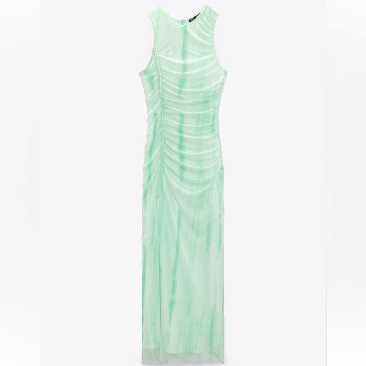 Zara Size Xl Green Midi Dress Spring Green Mesh Dress, Green Mesh Dress For Spring, Spring Green Sheath Maxi Dress, Summer Ruched Mesh Dress, Spring Sleeveless Ruched Mesh Dress, Green Sleeveless Mesh Dress For Summer, Sleeveless Green Mesh Dress For Summer, Zara Ruched Maxi Dress, Summer Sheath Maxi Dress With Ruched Detail