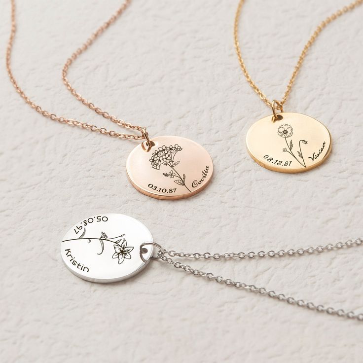 "Birth flower name necklace is perfect for everyday wear. Simply stylish and comfortable. Great for layering. Type names, date or meaning words to design it, make your flower necklace and show off your personality. The stainless steel disc necklace is available in silver, gold, and rose gold. Stainless steel Flower Name necklace is a wonderful and unique gift idea to shower the important people in your life with a cute, dainty, and creative gift. This custom disc necklace also makes a perfect bi Adjustable Birth Flower Charm Necklace, Adjustable Flower Charm Necklaces For Birth Flowers, Personalized Flower Necklace With Name, Personalized Name Flower Necklace, Personalized Flower Name Necklace, Personalized Adjustable Flower Necklace, Personalized Flower-shaped Name Necklace, Delicate Personalized Flower Necklace For Birthday, Adjustable Flower Necklace For Personalized Gift