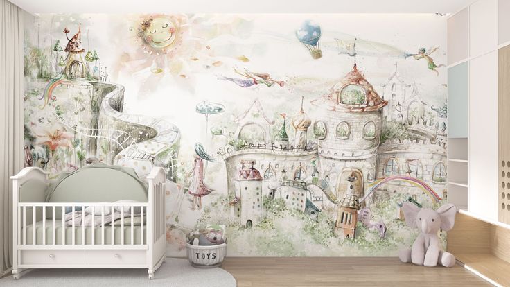 a child's room with a mural and crib