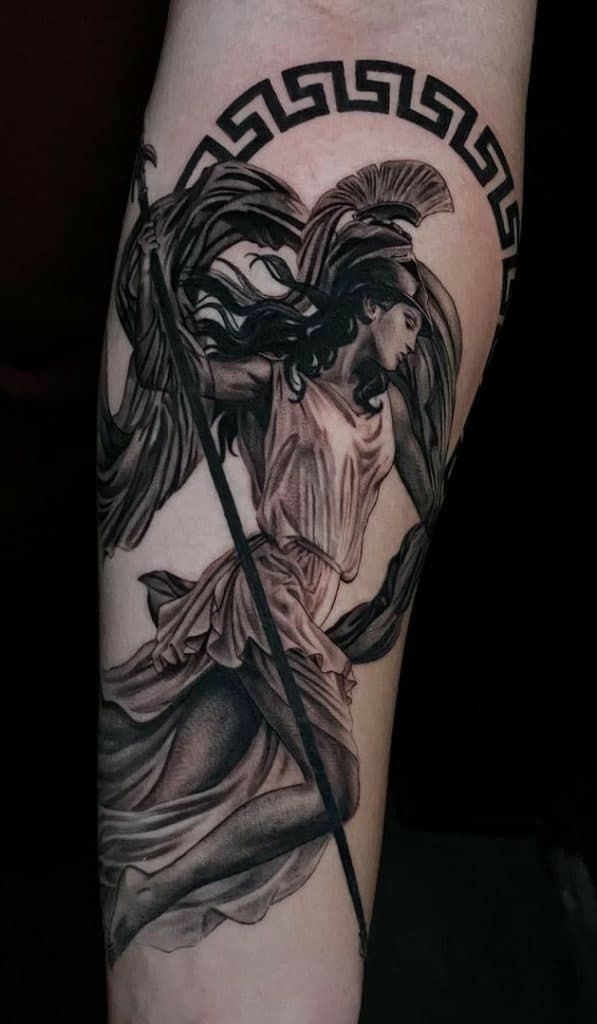 Tattoo Of Athena, Athena Tattoo For Men, Zoe Greek Tattoo, Athena Warrior Tattoo, Athena Realism Tattoo, Athena Sleeve Tattoo, Athena Tattoo Forearm, Female Greek Warrior Tattoo, Minerva Goddess Tattoo