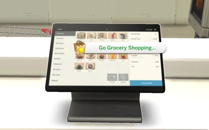 a computer screen with the words go grocery shopping on it and an image of a store front