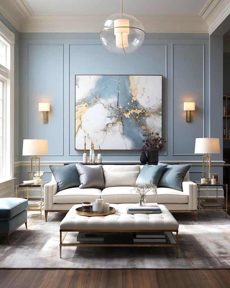 a living room with blue walls and white couches, coffee table and ottomans