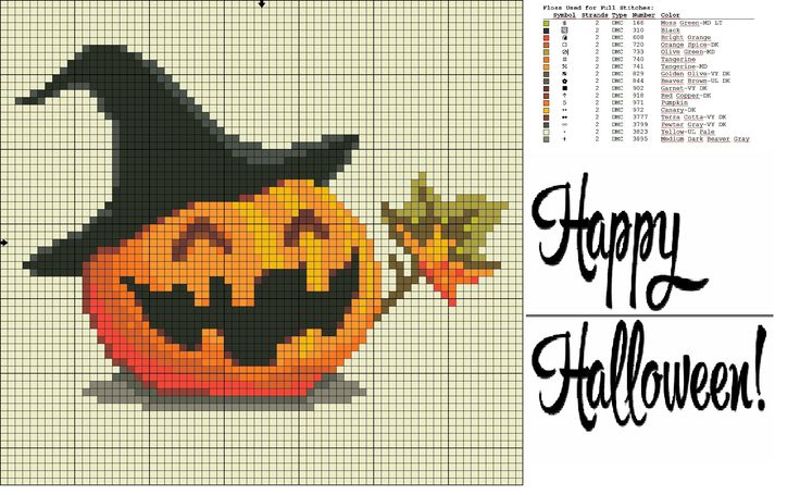 a cross stitch pattern with a pumpkin wearing a witches hat