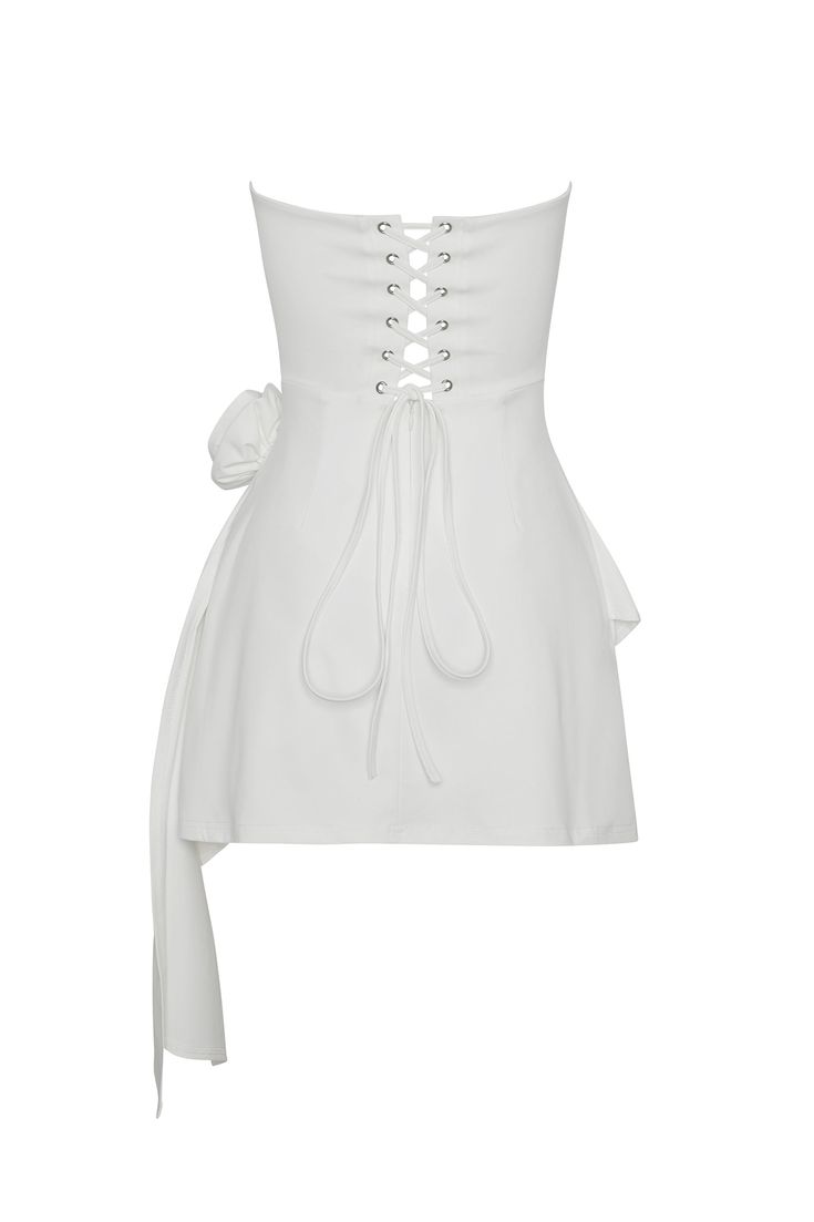 Rosette Strapless Mini Dress - White Chic Backless Mini Dress With Corset Back, Mini Dress With Corset Back, White Fitted Mini Dress With Lace-up Back, White Corset Dress For Summer Night Out, White Mini Corset Dress For Evening, White Summer Corset Dress For Night Out, Fitted Strapless Mini Dress With Lace-up Back, White Bodycon Corset Dress For Summer, Sleeveless Spring Bodycon Dress With Lace-up Back