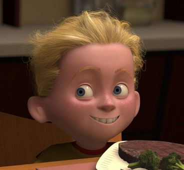 a cartoon boy is sitting in front of a plate with broccoli on it