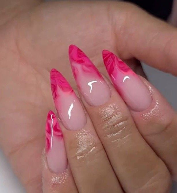 Almond Shape Design Ideas, Pink And Red Nails Almond, Pink Nails Inspo Almond, Pink Nail Designs Almond Shape, Pink Almond Nails Design, Nail Design Almond Shape, Valentines Nails Almond Shape, Hot Pink Almond Nails, Red And Pink Nails