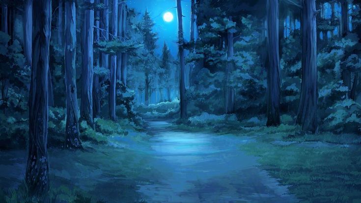 a painting of a path in the middle of a forest at night with a full moon