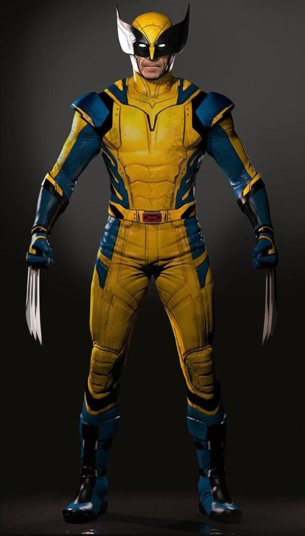 a man in yellow and blue costume standing with his hands on his hips