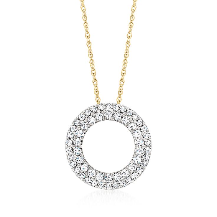 Ross-Simons - .50ct t. w. Diamond Eternity Circle Pendant Necklace in 18kt Yellow Gold. 20". Shimmering in two endless loops, .50 ct. t. w. round brilliant-cut diamonds offer double the dazzle in this timeless eternity circle pendant necklace. Finely crafted in polished 18kt yellow gold and suspended from a classic rope chain. Springring clasp, diamond eternity circle pendant necklace. Diamond birthstones are the perfect gift for April birthdays. Infinity-shaped Jewelry With Pave Setting For Formal, Infinity Jewelry With Pave Setting For Formal, Formal Infinity Jewelry With Pave Setting, White Gold Infinity Jewelry With Pave Setting, Brilliant Cut Diamond Necklace With Open Circle For Anniversary, Brilliant Cut Open Circle Diamond Necklace For Anniversary, Full Circle Jewelry With Diamond Accents For Anniversary, Brilliant Cut Diamond Necklace For Anniversary, Infinity-shaped Brilliant Cut White Gold Jewelry