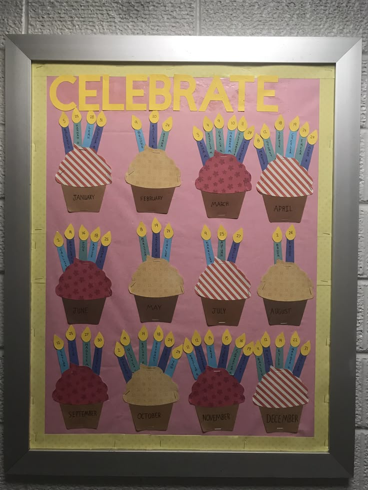 a pink poster with cupcakes on it and the words celebrate written in large letters