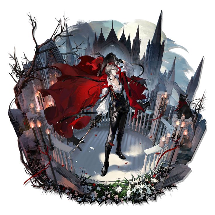 a woman dressed in black and white with red cape standing on top of a city