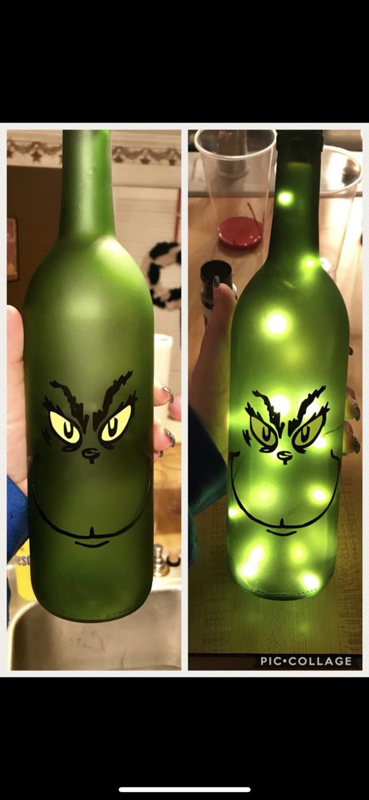 a green bottle with an angry face painted on it