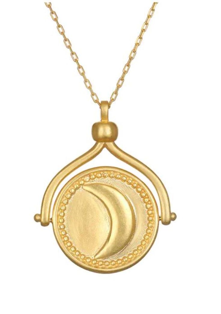 Make a Wish Sun & Moon Spinning Necklace Close your eyes and make a wish; the Universe will conspire to bring it to fruition. A gleaming 18k gold plate pendant necklace nestles between a subtle wishbone; on one side, a sun - symbol of vitality - and on the other, a moon to signify the goddess. Spin the pendant to change the symbol you're showing to the world, or as part of your wish-making ritual. Moon: Nourishment, Protection, Goddess Sun: Vitality, Leadership Pendant size: 29MM Length: 30" 18K Moon-shaped Brass Necklace For Gift, Moon Shaped Brass Necklace For Gift, Half Moon Brass Necklace For Gift, Gold Crescent Celestial Necklace, Celestial Crescent Gold Necklace, Celestial Pendant Locket Jewelry, Gold Mystical Necklace With Sun And Moon Design, Mystical Gold Necklace With Sun And Moon Design, Spiritual Pendant Necklace With Sun And Moon Design