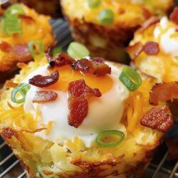 breakfast muffins with bacon, eggs and sour cream on top are sitting on a cooling rack