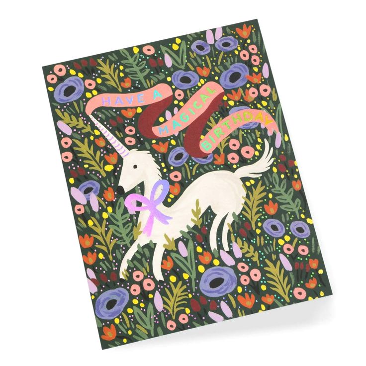 a greeting card with an image of a unicorn and snake on the front, surrounded by flowers