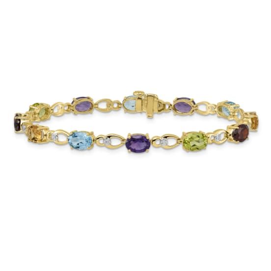 14K Two-tone Gold with rhodium over 14k yellow gold 9.000 cttw rainbow gemstone and diamond bracelet. Measures approximately 3/16 of an inch in width and has a box catch closure. Yellow Gold Multi-stone Oval Bracelets, Yellow Gold Oval Bracelet With Multi-stone, Yellow Gold Multi-stone Oval Bracelet, Yellow Gold Oval Multi-stone Bracelet, Heirloom Multicolor Oval Jewelry, Elegant Rainbow Diamond Jewelry, 14k Gold Multicolor Jubilee Bracelet Jewelry, Multicolor 14k Gold Jubilee Bracelet, Multicolor 14k Gold Jewelry For Formal Occasions