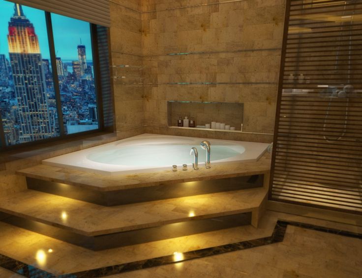 a bathroom with a large jacuzzi tub next to a window overlooking the city