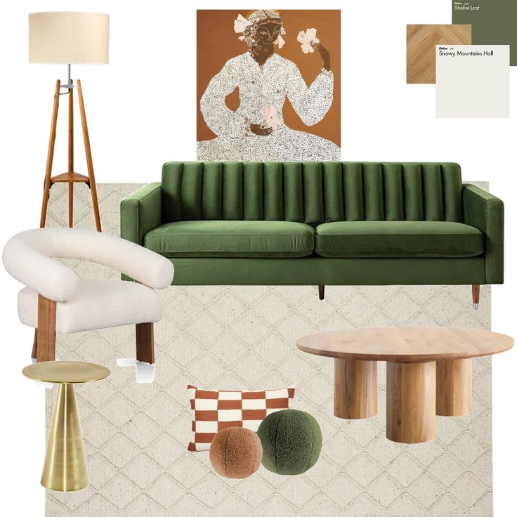 a living room with green furniture and accessories