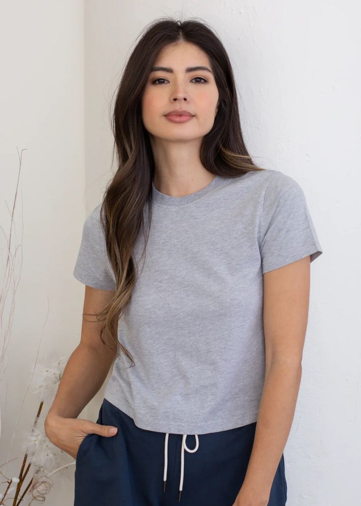 Deadstock Crop Tee | glee + co | responsibly made in LA Basic Fitted Cotton Cropped T-shirt, Relaxed Fit Graphic Tee Crop Top With Crew Neck, Graphic Tee Crop Top With Crew Neck, Relaxed Fit Crew Neck Graphic Tee Crop Top, Basic Cropped T-shirt With Relaxed Fit, Everyday Cropped Graphic Tee, Gray Cropped Cotton T-shirt With Short Sleeves, Gray Crew Neck Trendy Crop Top, Trendy Gray Crew Neck Crop Top