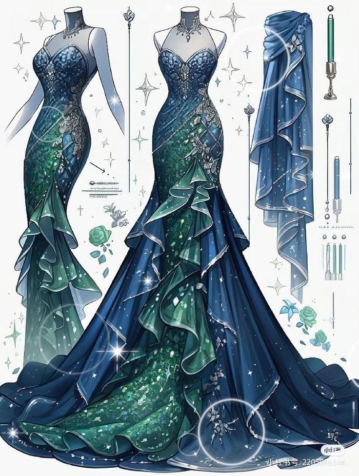 Fantasy Mermaid Dress, Dress Sketsa, Dreamy Gowns, Fantasy Mermaid, Dress Design Drawing, Fantasy Dresses, Fashion Drawing Dresses, Dress Design Sketches, Fashion Illustration Dresses